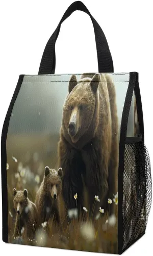 Bear Sow Near Moraine Creek Katmais National Park Lunch Bag Reusable Lunch Boxes Foldable Lunch Tote with Pockets for Adults Picnic Beach