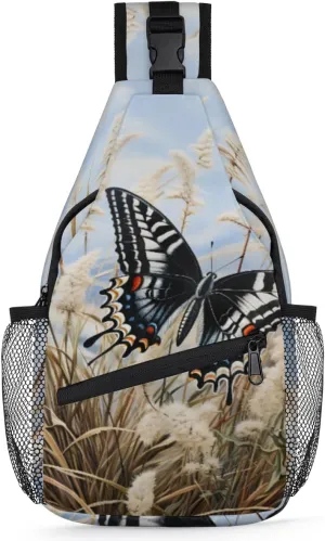 Beargrass Flowers Swallowtail Butterfly Sling Bag for Women Men, Lightweight Crossbody Sling Backpack Shoulder Pack Multipurpose Chest Bag for Travel Hiking Gym Cycling