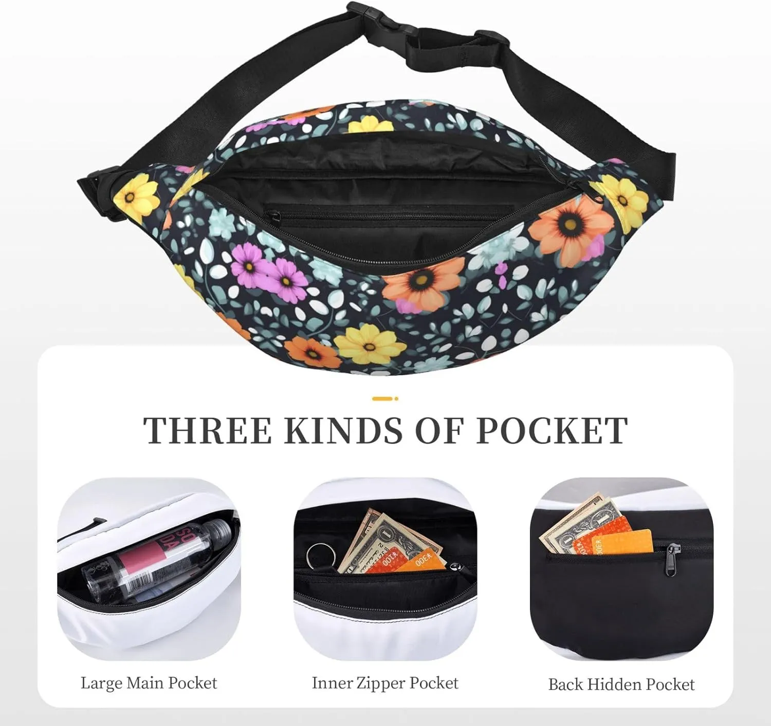 Beautiful Colourful Flowers Print Large Crossbody Fanny Pack, Cute Waterproof Waist Pack Belt Bag For Men, Women, Stylish Running Accessory