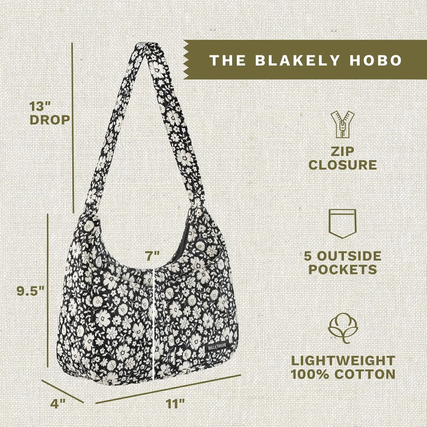 Bella Taylor Blakely - Hobo Shoulder Bag for Women - Lightweight Quilted Fabric Purse with Pockets