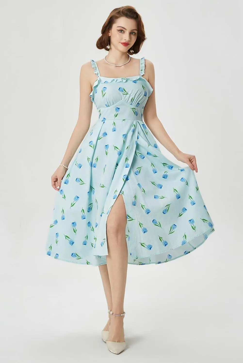 Belle Poque Women's 2025 Summer Sundresses Square Neck A Line Midi Boho Beach Floral Dress
