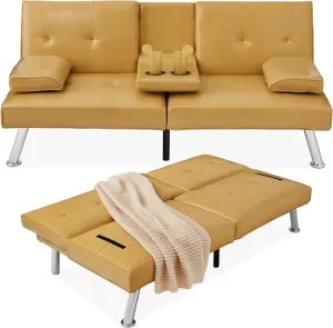 Best Choice Products Faux Leather Upholstered Modern Convertible Futon, Adjustable Folding Sofa Bed, Guest Bed w/Removable Armrests - Camel Yellow