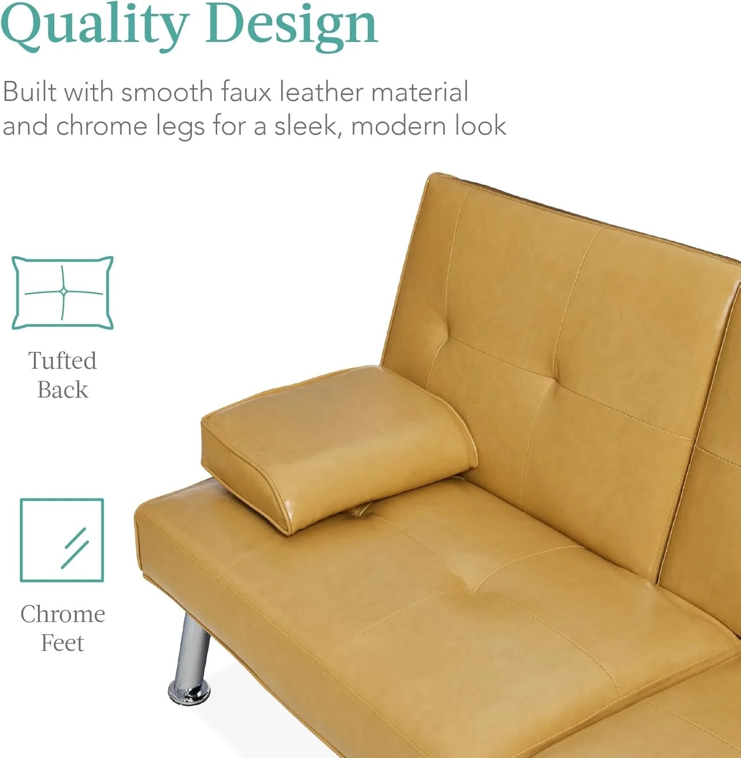 Best Choice Products Faux Leather Upholstered Modern Convertible Futon, Adjustable Folding Sofa Bed, Guest Bed w/Removable Armrests - Camel Yellow