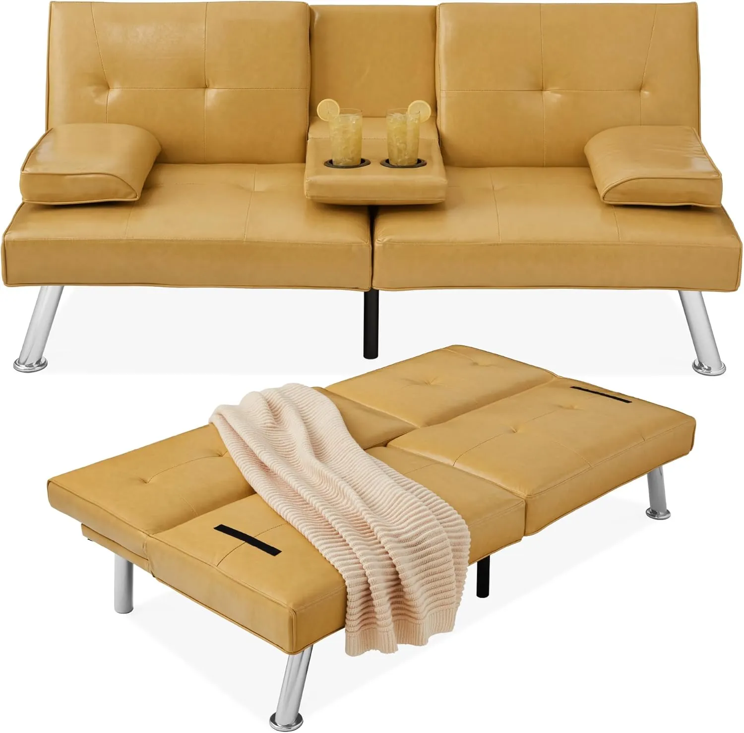 Best Choice Products Faux Leather Upholstered Modern Convertible Futon, Adjustable Folding Sofa Bed, Guest Bed w/Removable Armrests - Camel Yellow