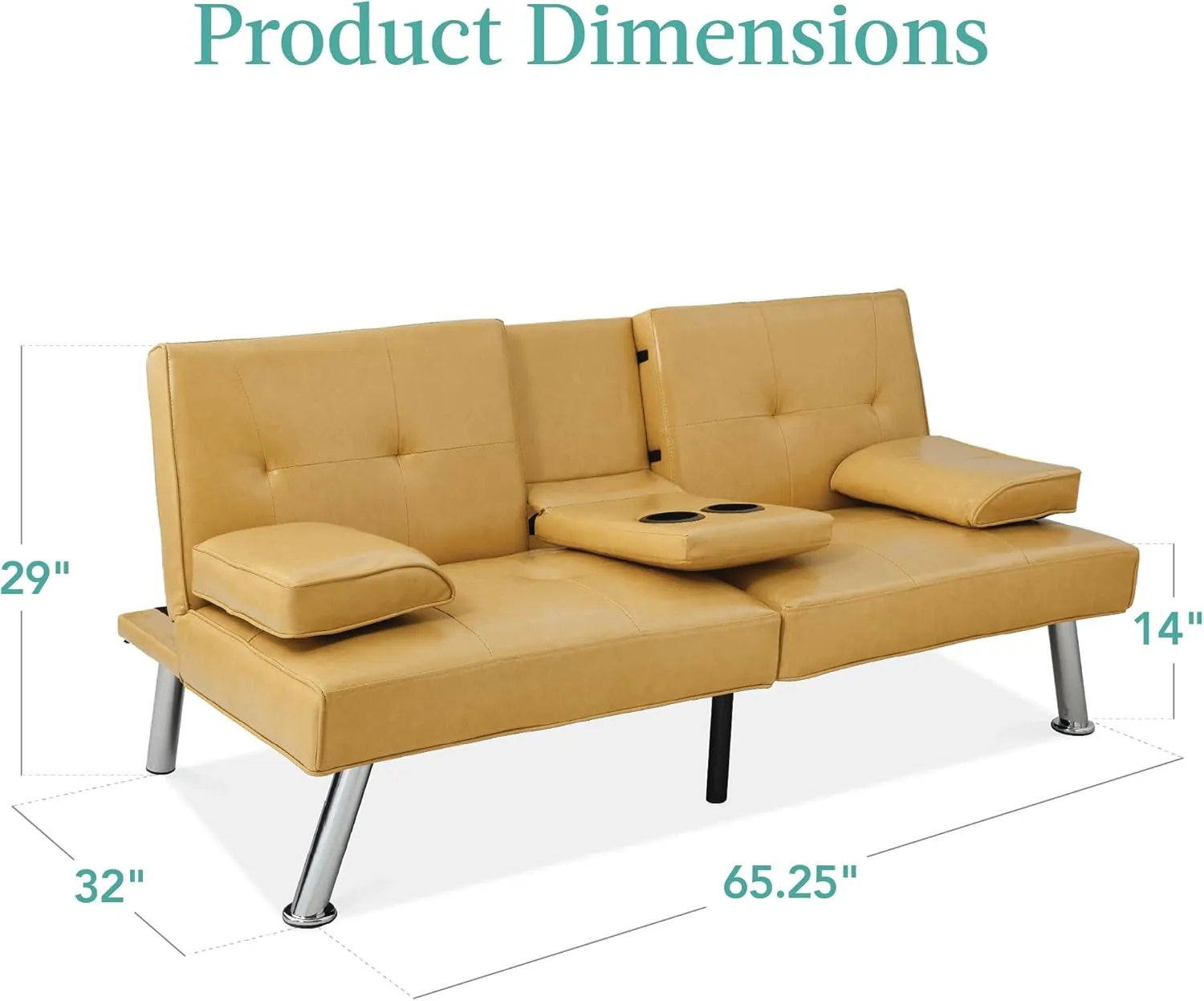 Best Choice Products Faux Leather Upholstered Modern Convertible Futon, Adjustable Folding Sofa Bed, Guest Bed w/Removable Armrests - Camel Yellow