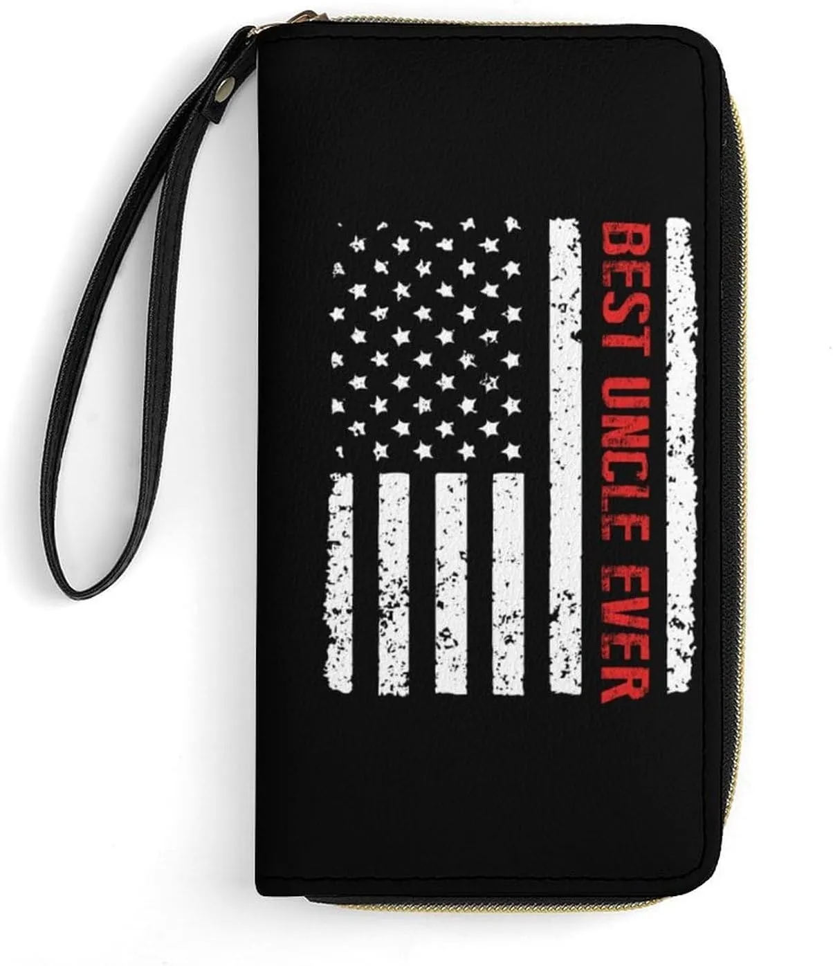 Best Uncle Ever Red Line U.S. Flag Leather Wallet Card Holder Purse Clutch Phone Pocket Credit Card Holder with Wristlet Strap