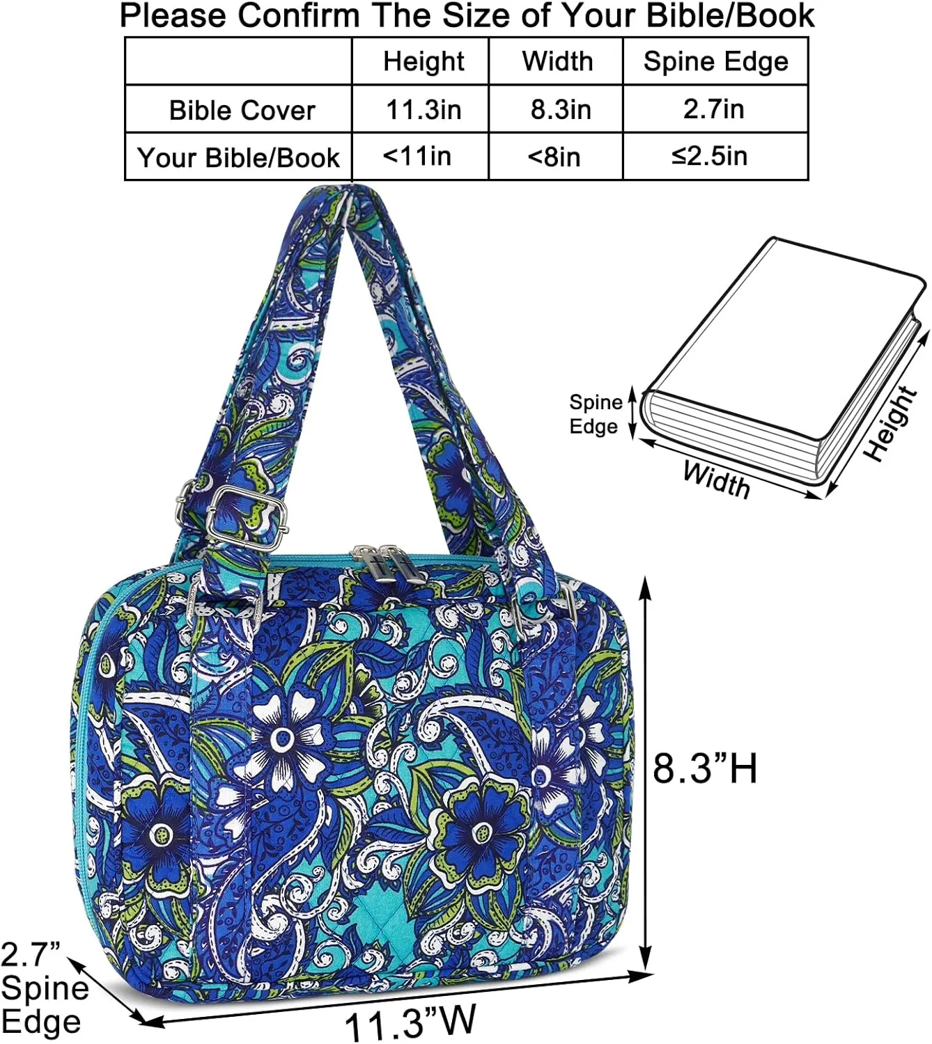 Bible Cover for Women with Adjustable Straps, Extra Large Study Bible Carrying Case Bag with Zip Pocket, 11.3x8.3x2.7 Inches