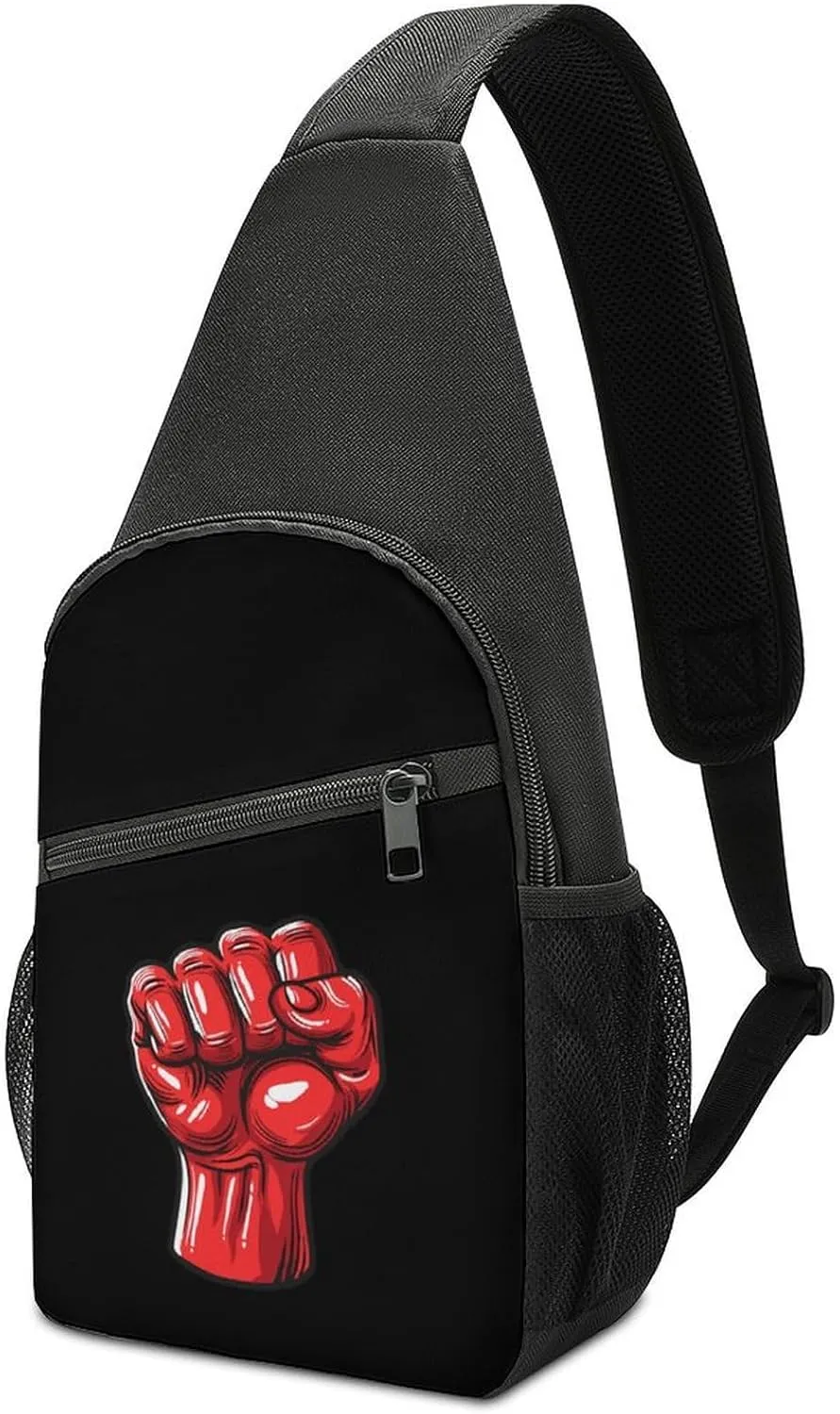Big Red Raised Fist Salute of Unity Solidarity Resistance Sling Bag Travel Daypack Crossbody Shoulder Backpack for Hiking Cycling
