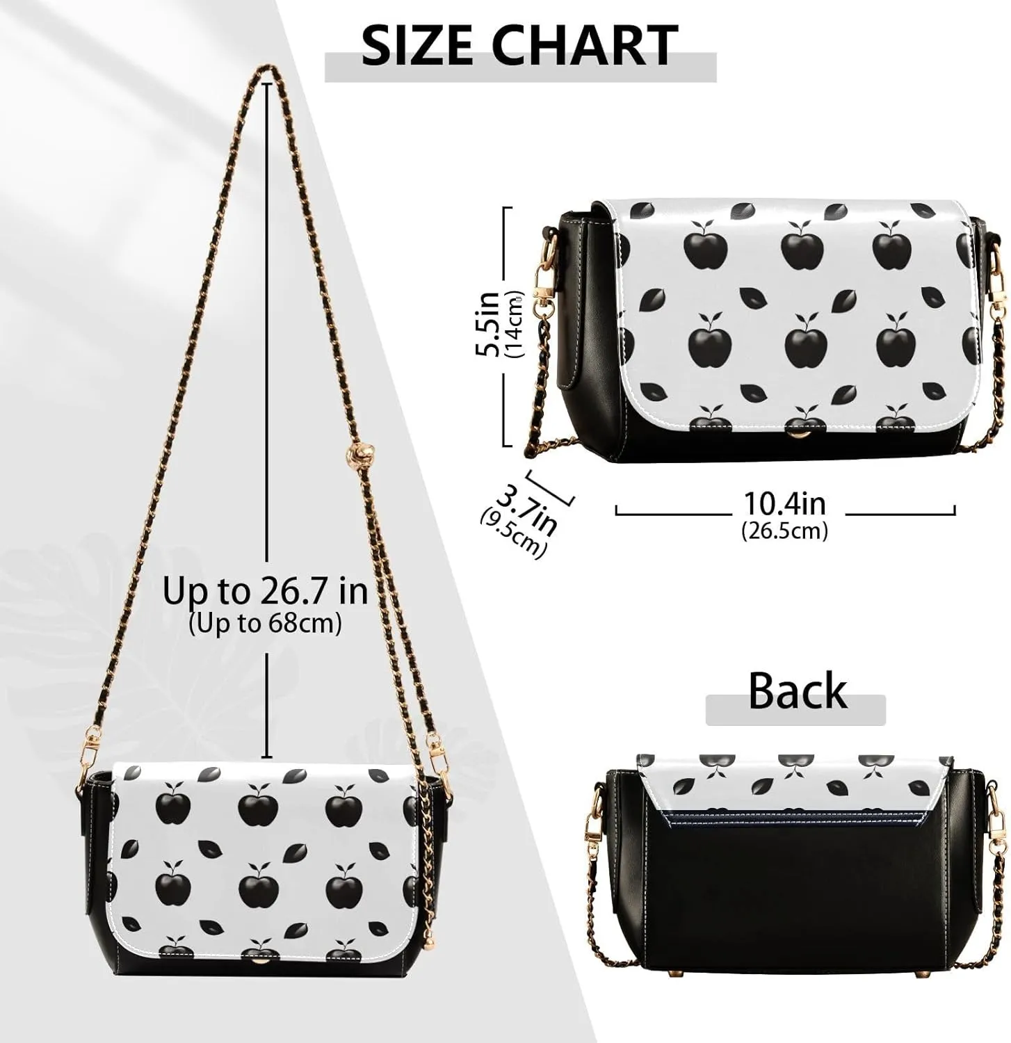 Black Apples on a White Pattern Leather Crossbody Bag, Leather Crossbody Purses for Women Trendy, Leather Ladies Bag