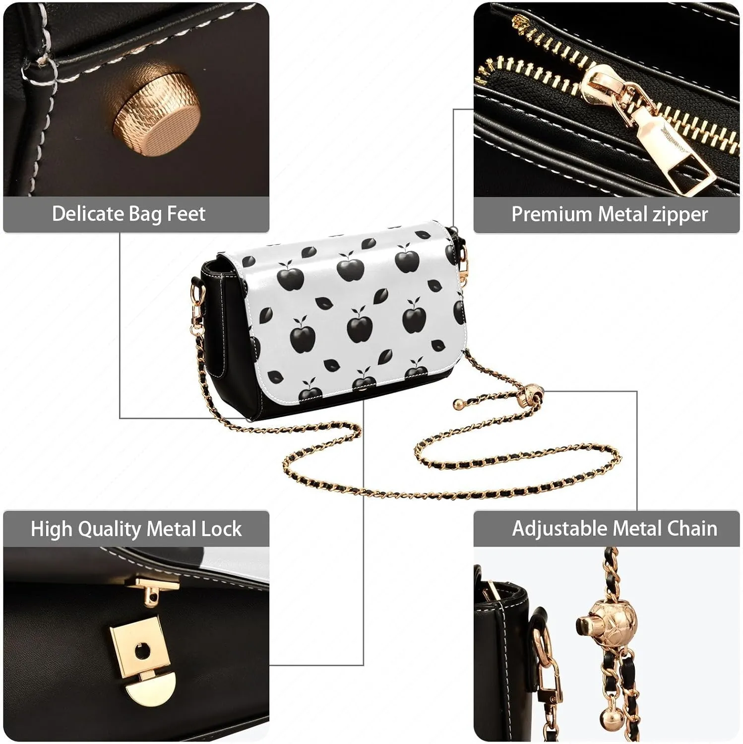 Black Apples on a White Pattern Leather Crossbody Bag, Leather Crossbody Purses for Women Trendy, Leather Ladies Bag