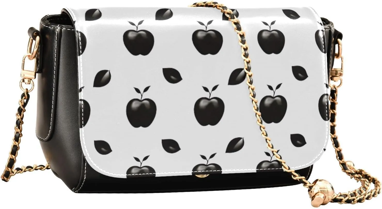 Black Apples on a White Pattern Leather Crossbody Bag, Leather Crossbody Purses for Women Trendy, Leather Ladies Bag
