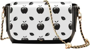 Black Apples on a White Pattern Leather Crossbody Bag, Leather Crossbody Purses for Women Trendy, Leather Ladies Bag