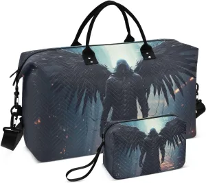 Black Archangel Wing Large Travel Duffel Bag, Sports Tote Gym Bag, Shoulder Weekender Overnight Bag for Women Men, Carry On Luggage with Toiletry Bags
