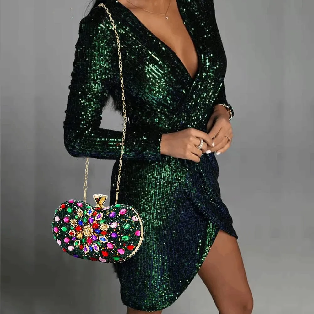 Black Clutch Purse For Women Evening Sparkly Bag Party Rhinestone Floral Handbags Bride Wallet