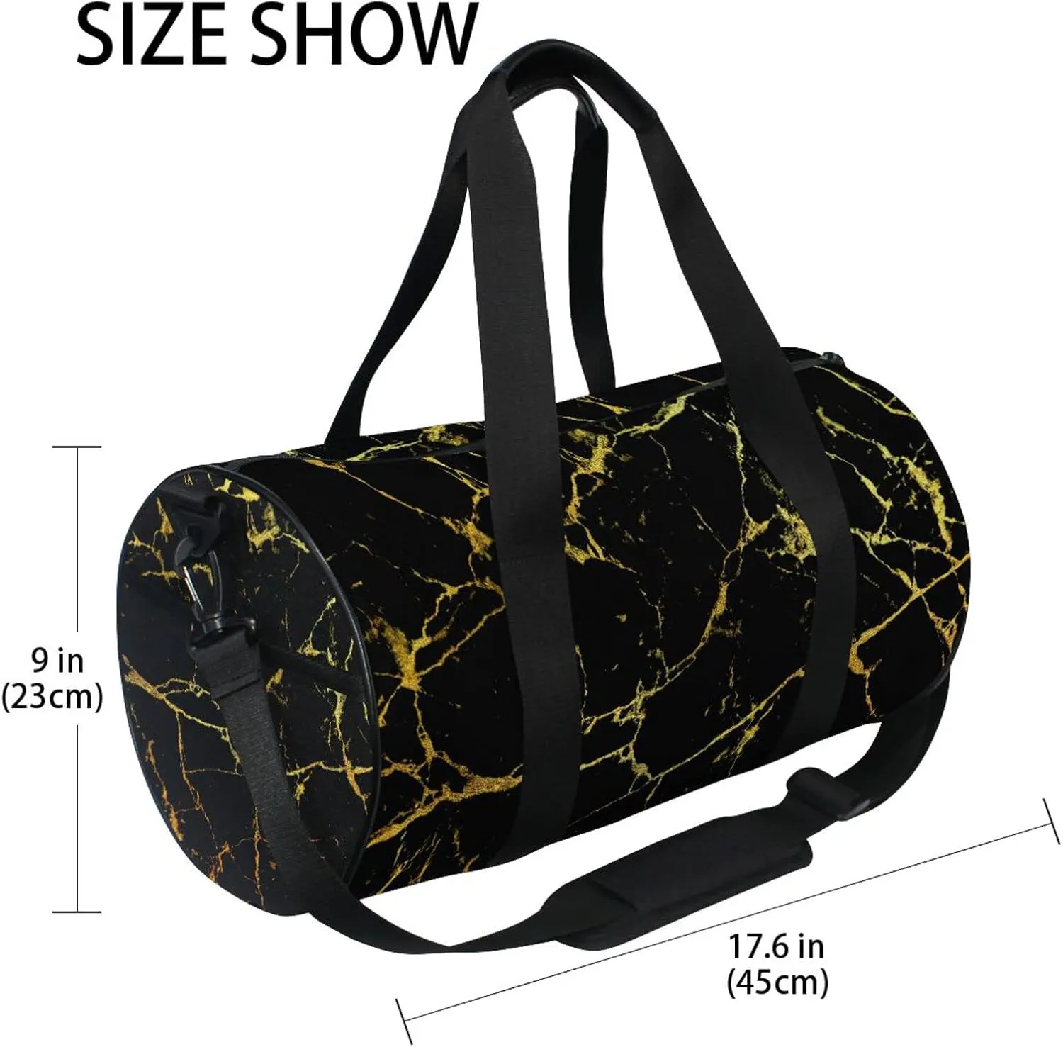 Black Marble with Golden Veins Luxury Abstract Texture Rip Style Duffel Bag, Foldable Canvas Travel Tote for Gym Sports with Inner Pockets, Durable Lightweight Fitness Bag for Overnight Workout