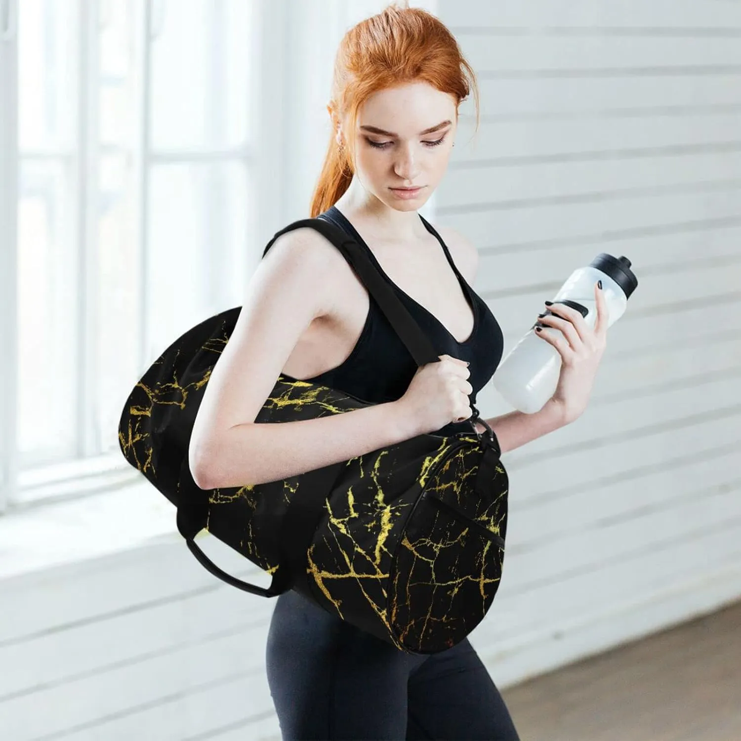 Black Marble with Golden Veins Luxury Abstract Texture Rip Style Duffel Bag, Foldable Canvas Travel Tote for Gym Sports with Inner Pockets, Durable Lightweight Fitness Bag for Overnight Workout