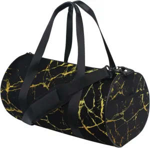 Black Marble with Golden Veins Luxury Abstract Texture Rip Style Duffel Bag, Foldable Canvas Travel Tote for Gym Sports with Inner Pockets, Durable Lightweight Fitness Bag for Overnight Workout