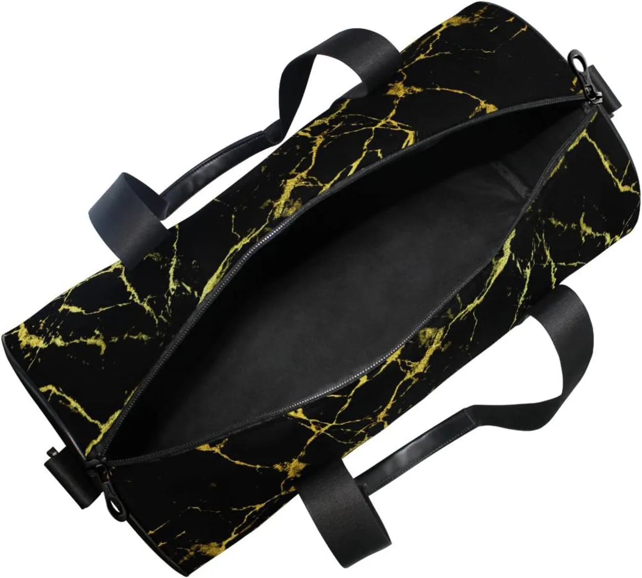 Black Marble with Golden Veins Luxury Abstract Texture Rip Style Duffel Bag, Foldable Canvas Travel Tote for Gym Sports with Inner Pockets, Durable Lightweight Fitness Bag for Overnight Workout