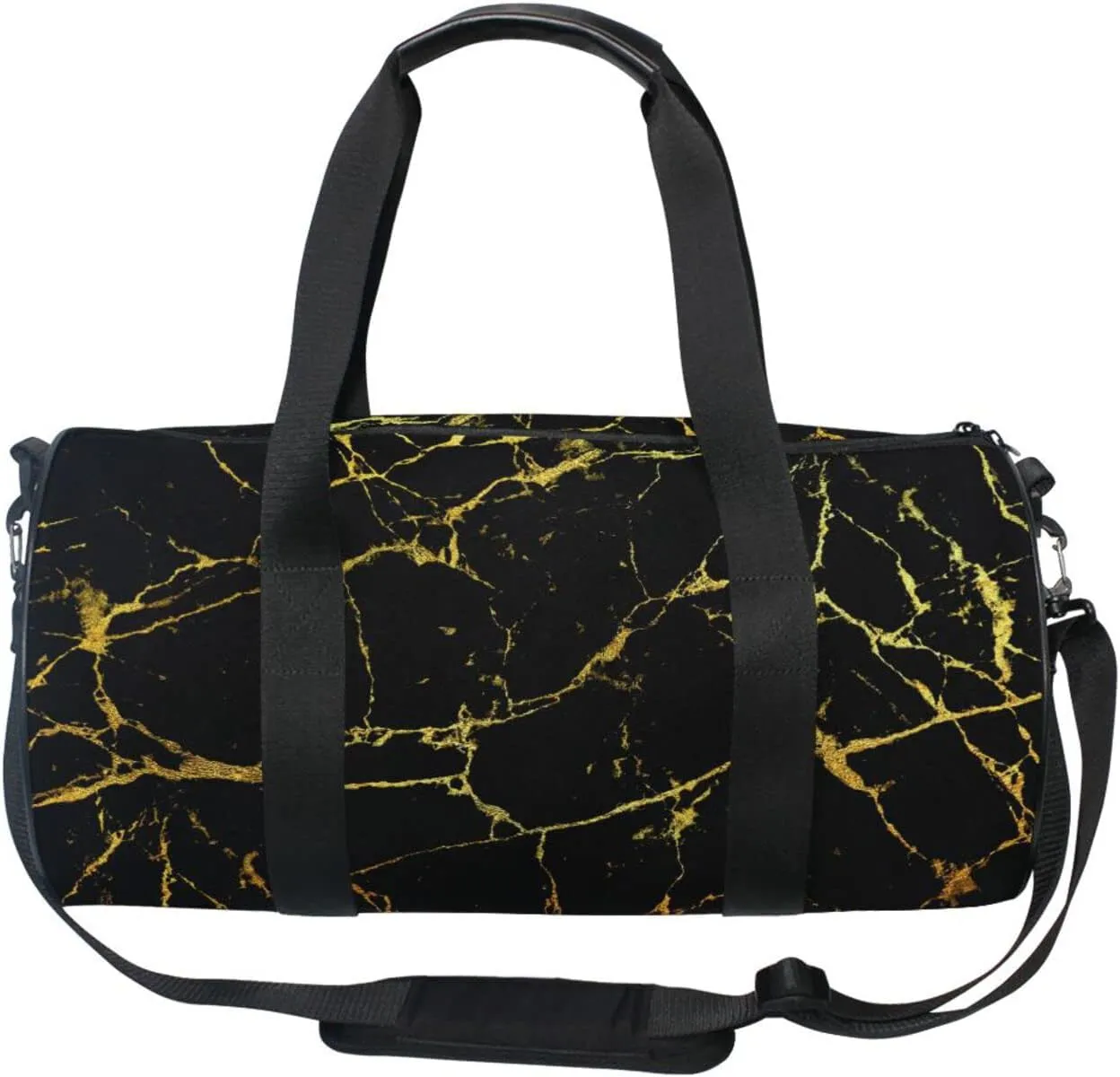 Black Marble with Golden Veins Luxury Abstract Texture Rip Style Duffel Bag, Foldable Canvas Travel Tote for Gym Sports with Inner Pockets, Durable Lightweight Fitness Bag for Overnight Workout