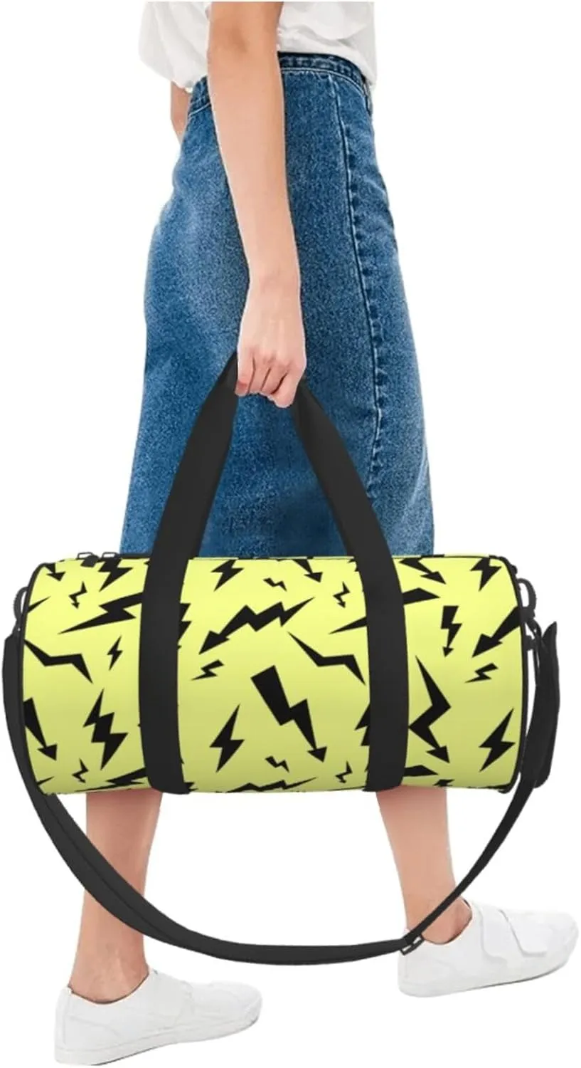 Black Thunder Yellow Round Travel Duffel Bag Large Capacity Gym Sports Bags for Hiking Vacation Trips