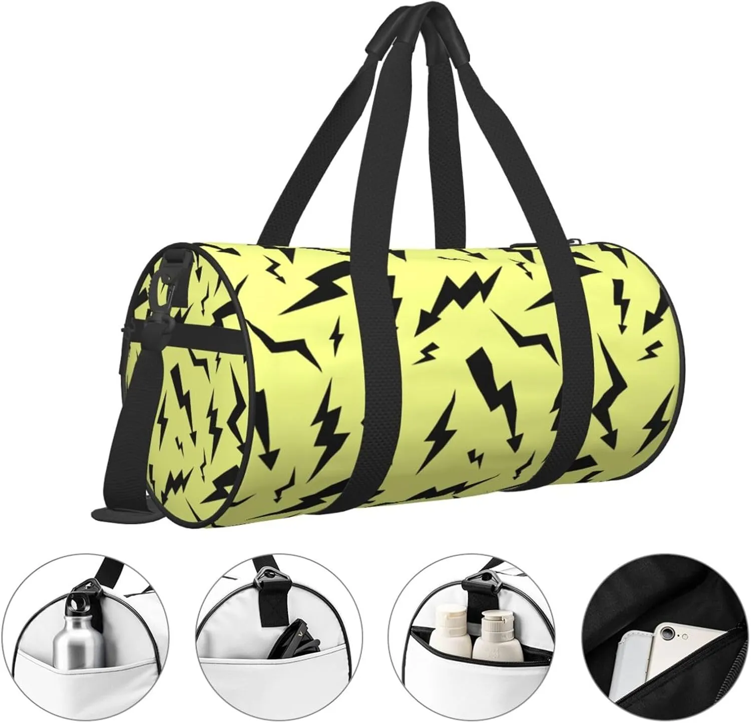 Black Thunder Yellow Round Travel Duffel Bag Large Capacity Gym Sports Bags for Hiking Vacation Trips