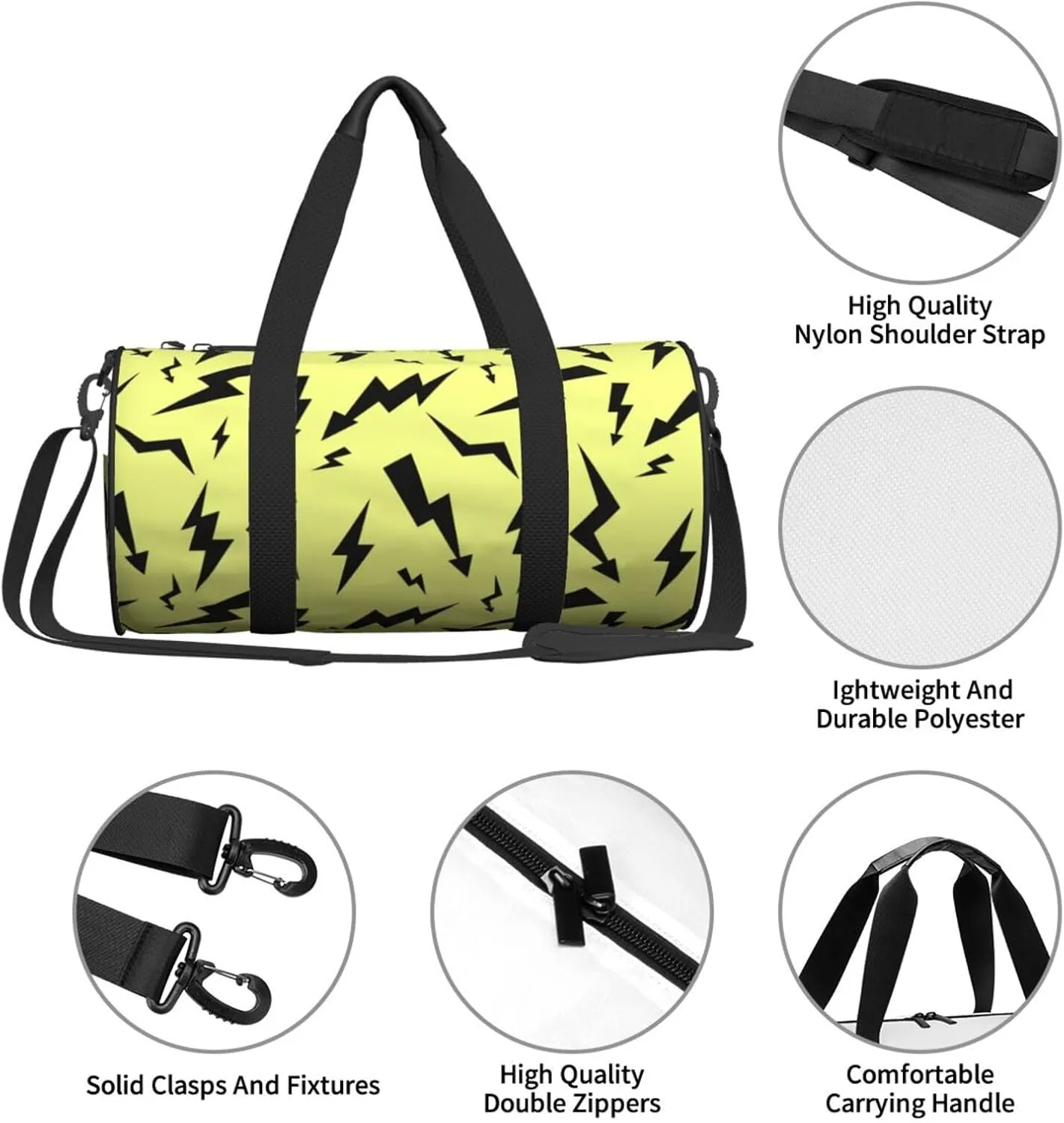 Black Thunder Yellow Round Travel Duffel Bag Large Capacity Gym Sports Bags for Hiking Vacation Trips