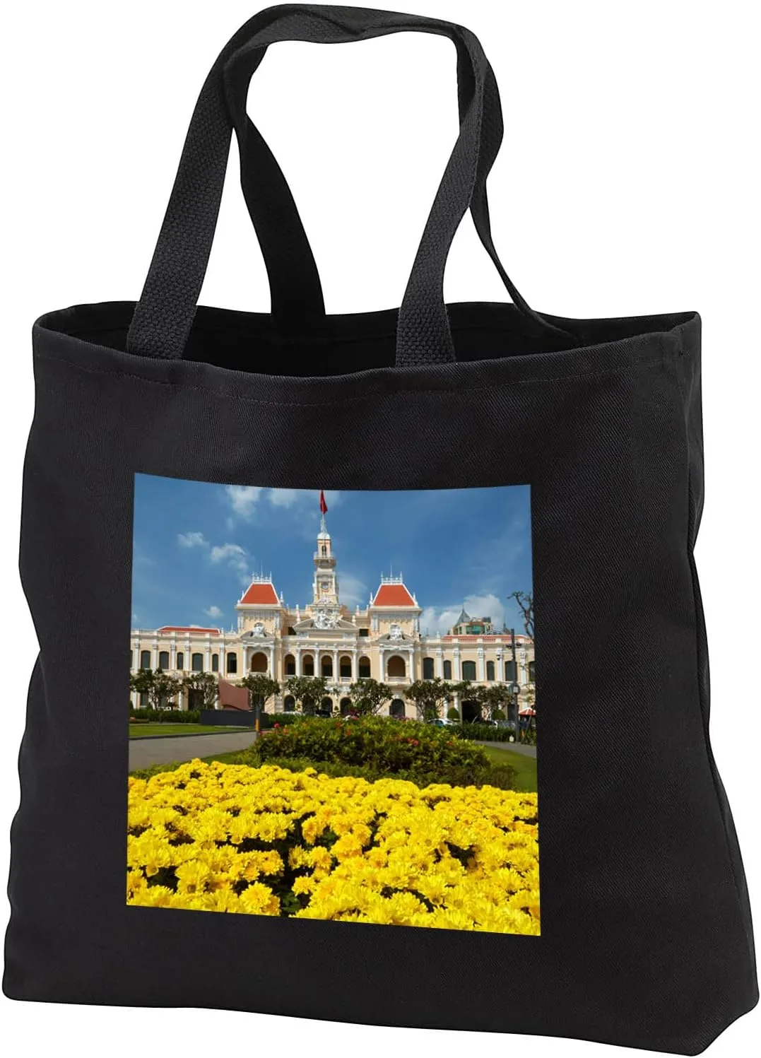 Black Tote Bag 14w x 14h x 3d - Flowers by Peoples Committee Building, Ho Chi Minh City, Vietnam Architecture