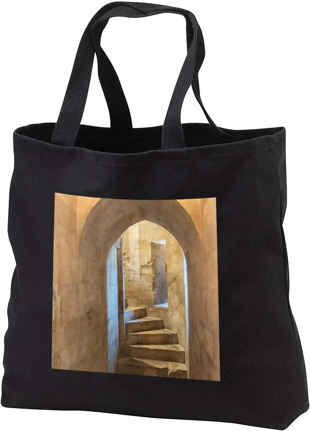 Black Tote Bag 14w x 14h x 3d - Tower staircase, Castel del Monte, Andria, Italy Architecture