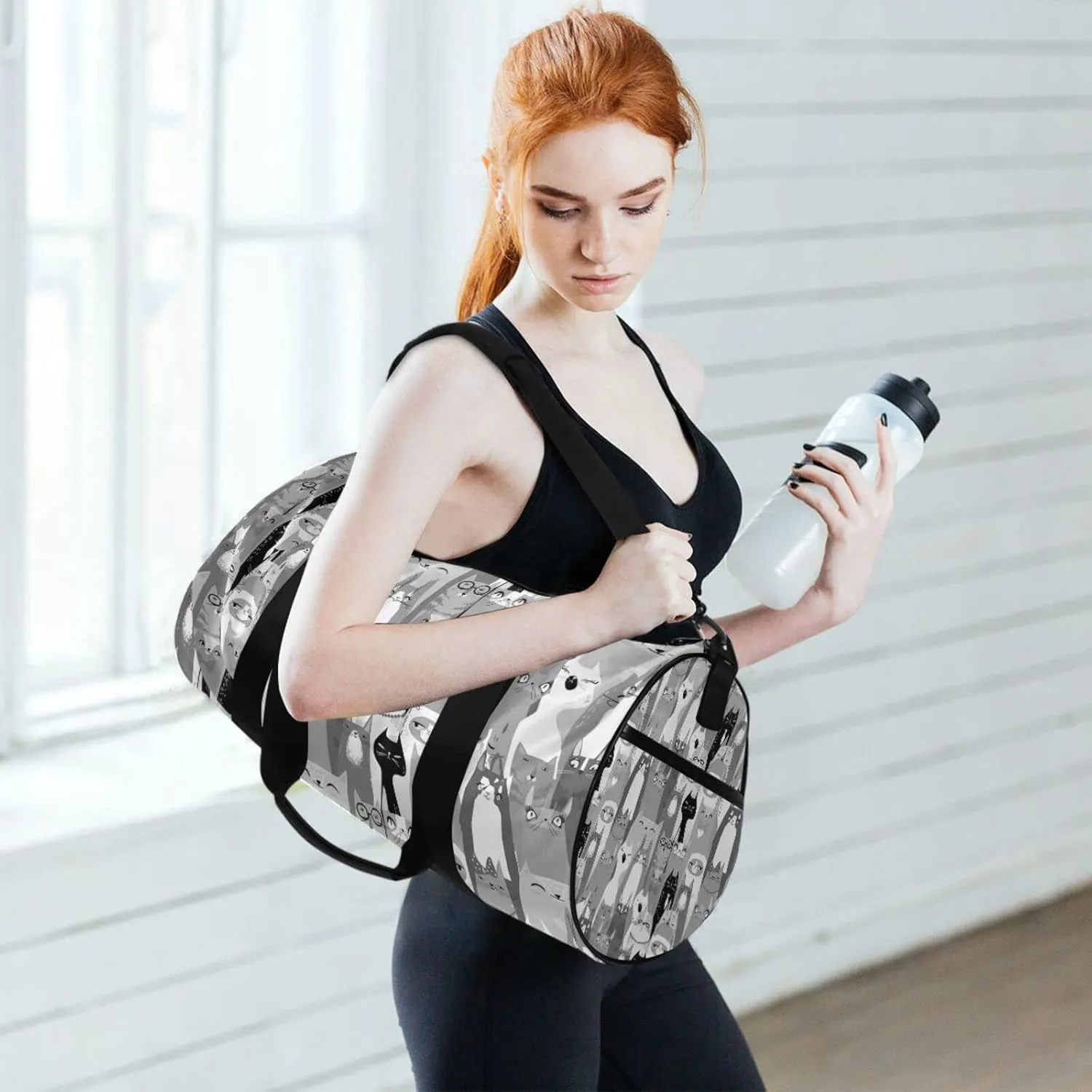 Black White Seamless Cartoon Horse Heads Texture Duffel Bag, Foldable Canvas Travel Tote for Gym Sports with Inner Pockets, Durable Lightweight Fitness Bag for Overnight Workout