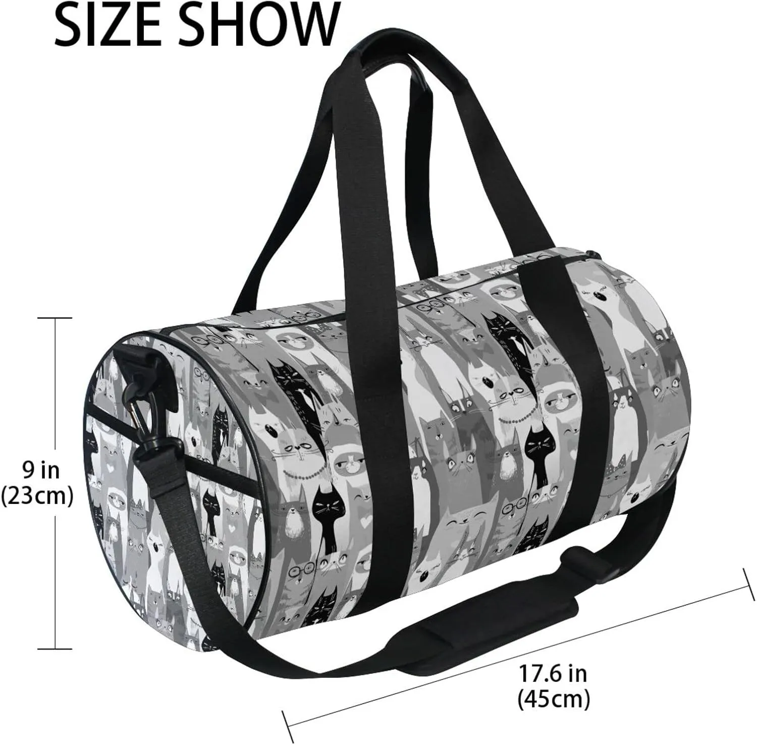 Black White Seamless Cartoon Horse Heads Texture Duffel Bag, Foldable Canvas Travel Tote for Gym Sports with Inner Pockets, Durable Lightweight Fitness Bag for Overnight Workout