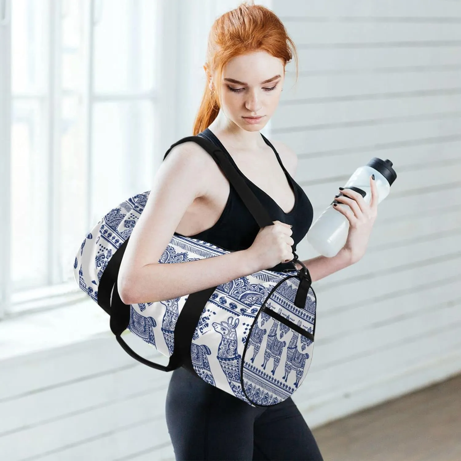 Blue Alpaca Llama Animal with Ethnic Tribal Ornaments Duffel Bag, Foldable Canvas Travel Tote for Gym Sports with Inner Pockets, Durable Lightweight Fitness Bag for Overnight Workout