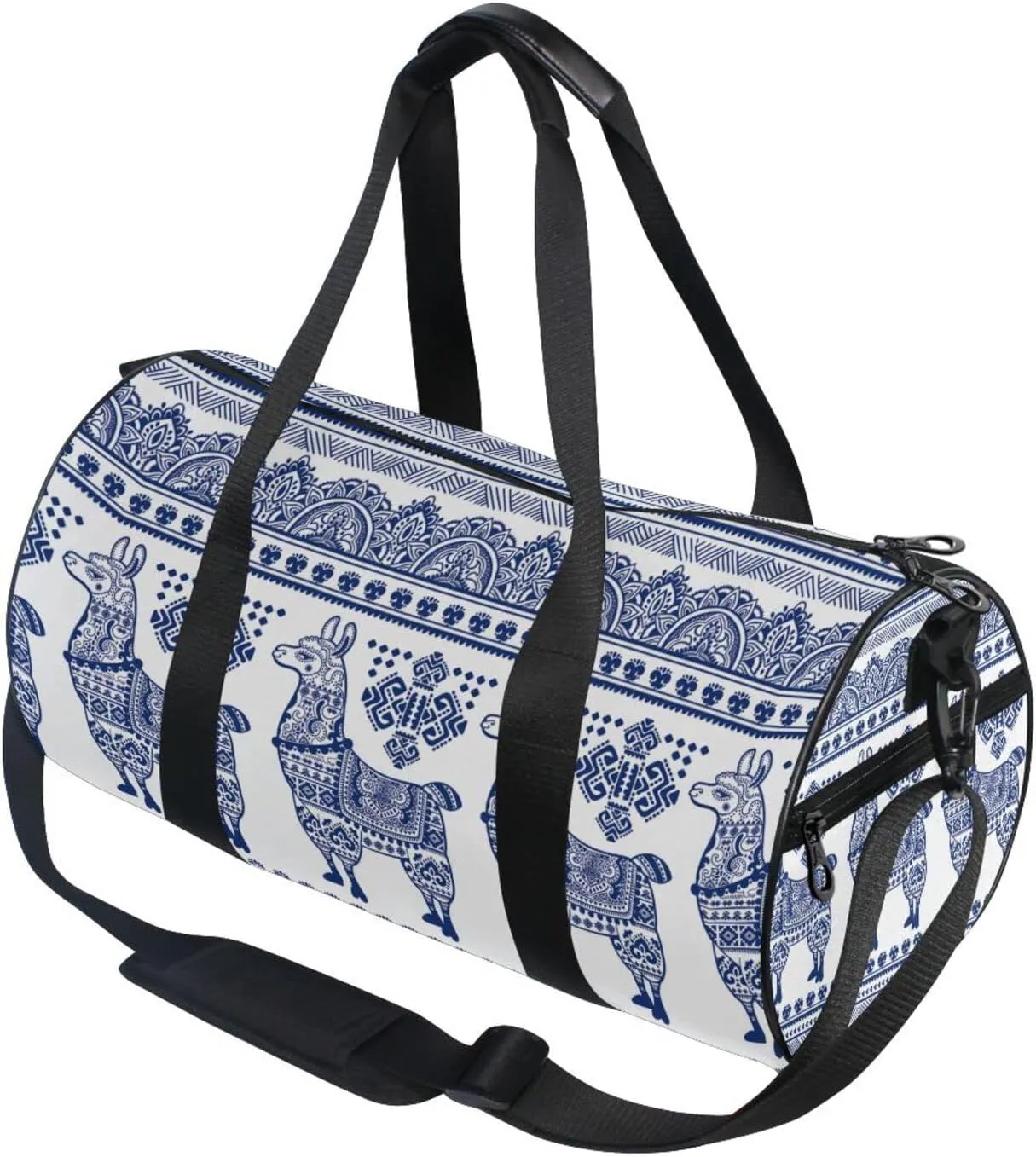 Blue Alpaca Llama Animal with Ethnic Tribal Ornaments Duffel Bag, Foldable Canvas Travel Tote for Gym Sports with Inner Pockets, Durable Lightweight Fitness Bag for Overnight Workout