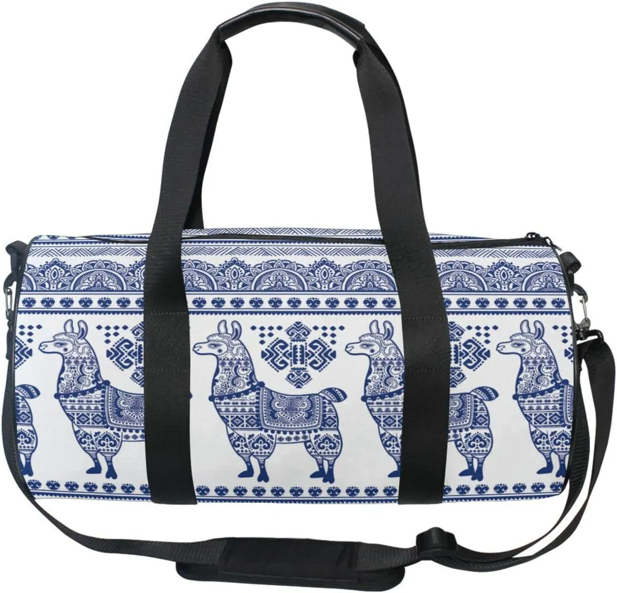 Blue Alpaca Llama Animal with Ethnic Tribal Ornaments Duffel Bag, Foldable Canvas Travel Tote for Gym Sports with Inner Pockets, Durable Lightweight Fitness Bag for Overnight Workout