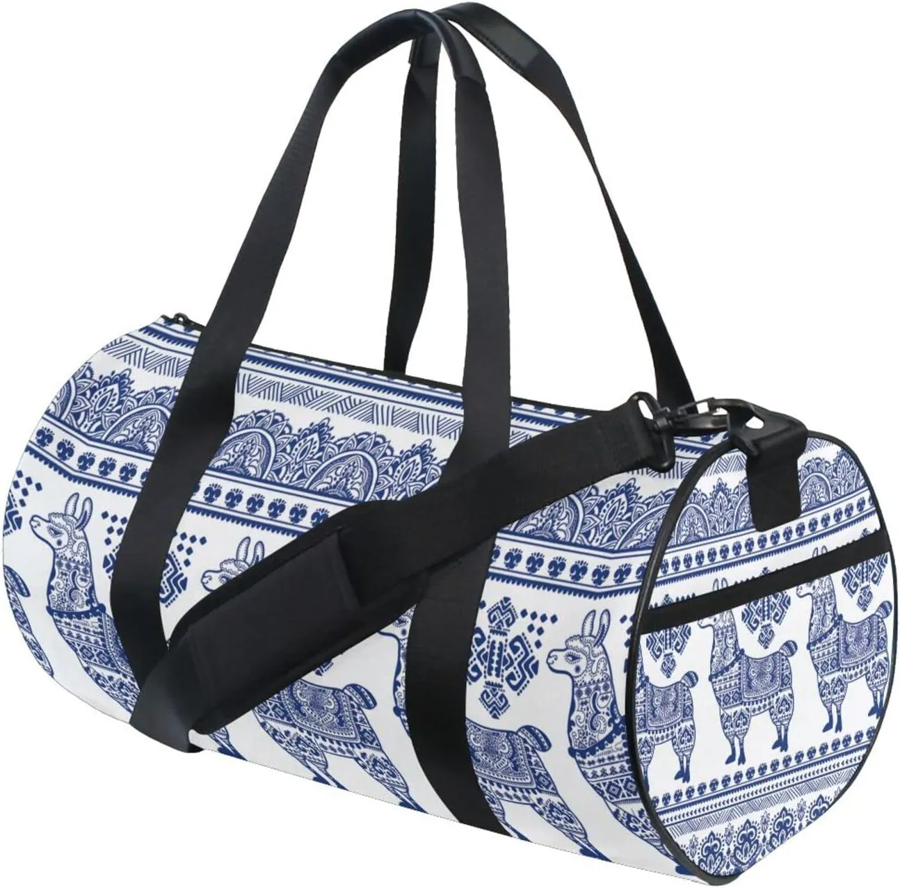 Blue Alpaca Llama Animal with Ethnic Tribal Ornaments Duffel Bag, Foldable Canvas Travel Tote for Gym Sports with Inner Pockets, Durable Lightweight Fitness Bag for Overnight Workout