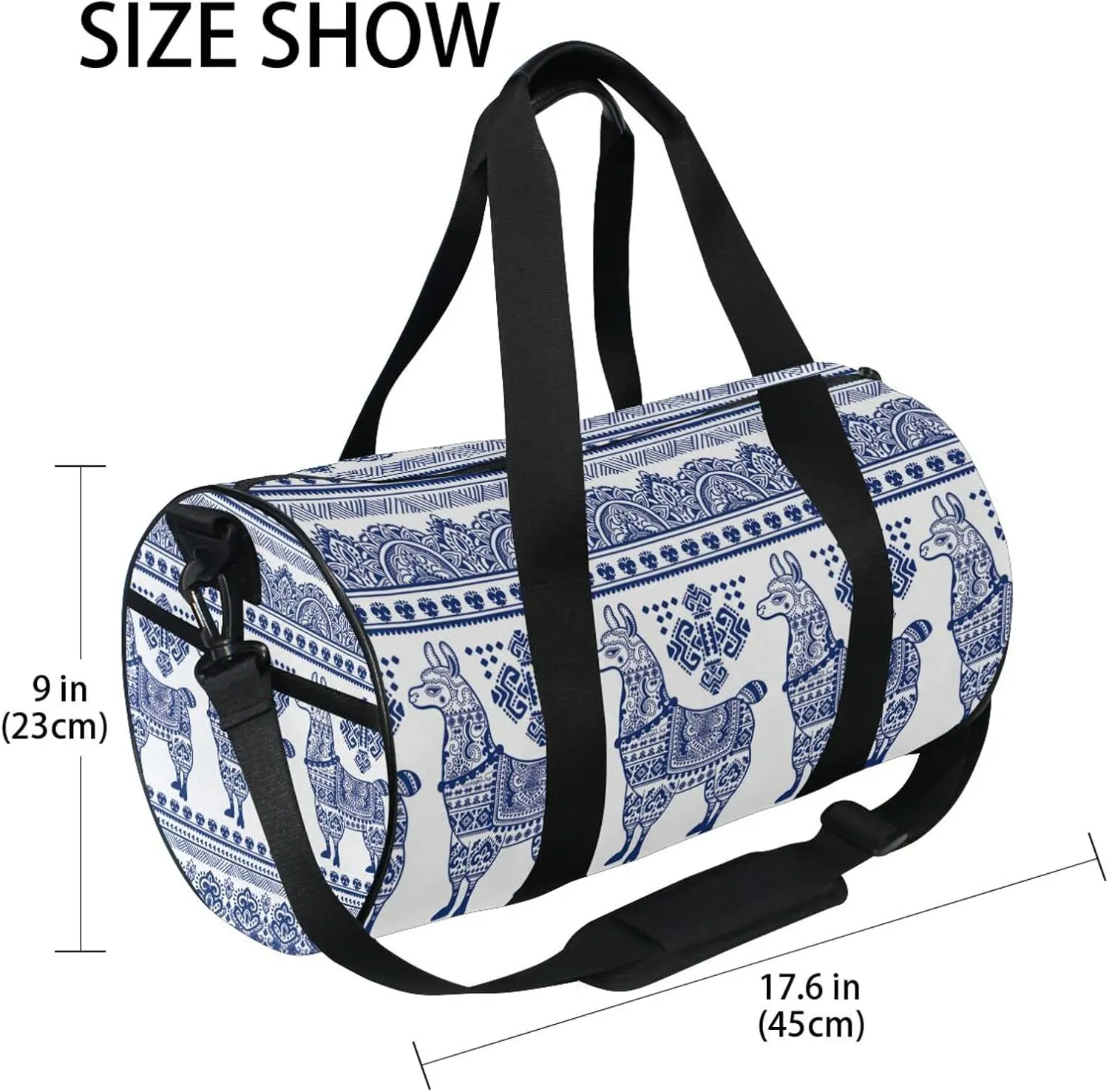 Blue Alpaca Llama Animal with Ethnic Tribal Ornaments Duffel Bag, Foldable Canvas Travel Tote for Gym Sports with Inner Pockets, Durable Lightweight Fitness Bag for Overnight Workout