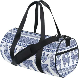 Blue Alpaca Llama Animal with Ethnic Tribal Ornaments Duffel Bag, Foldable Canvas Travel Tote for Gym Sports with Inner Pockets, Durable Lightweight Fitness Bag for Overnight Workout