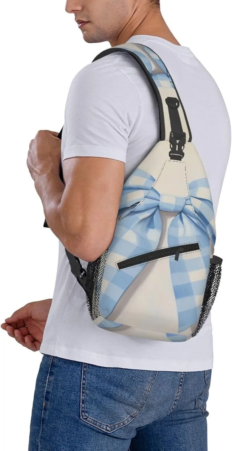 Blue And White Gingham Check Pattern Bow Backpack Travel Hiking Daypack Chest Bags Crossbody Shoulder Bag