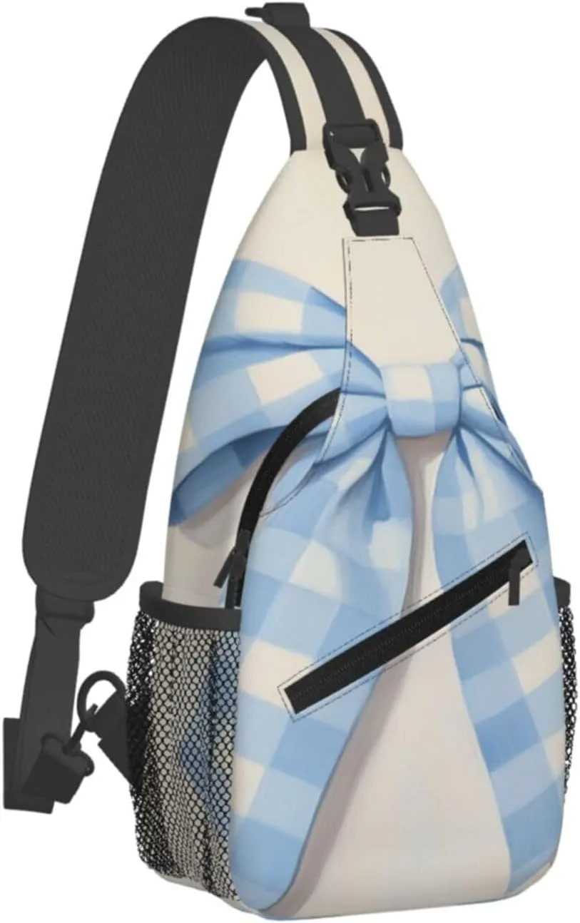 Blue And White Gingham Check Pattern Bow Backpack Travel Hiking Daypack Chest Bags Crossbody Shoulder Bag