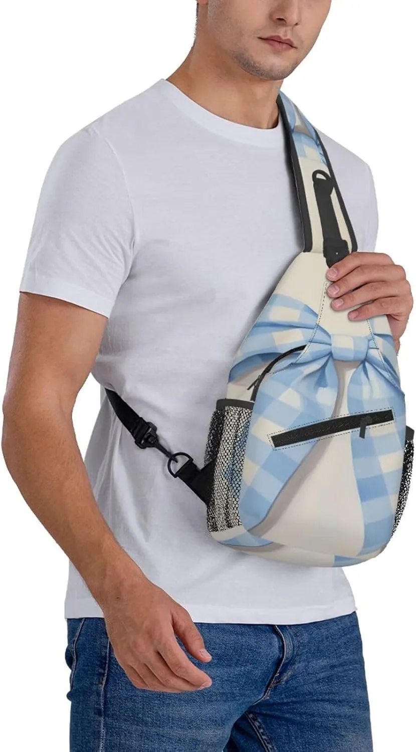 Blue And White Gingham Check Pattern Bow Backpack Travel Hiking Daypack Chest Bags Crossbody Shoulder Bag