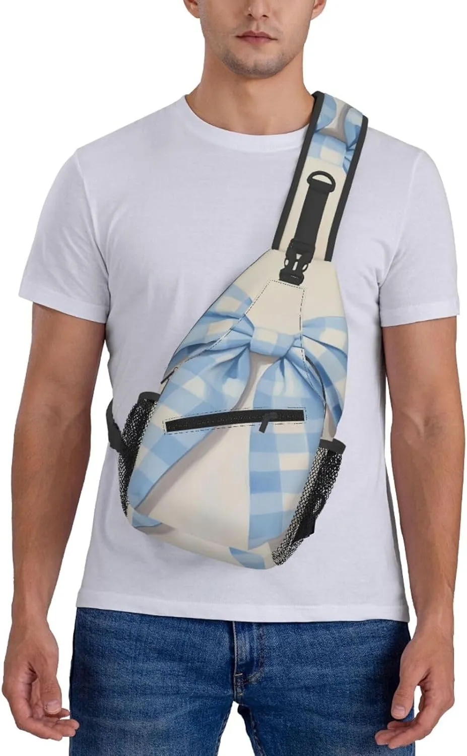 Blue And White Gingham Check Pattern Bow Backpack Travel Hiking Daypack Chest Bags Crossbody Shoulder Bag
