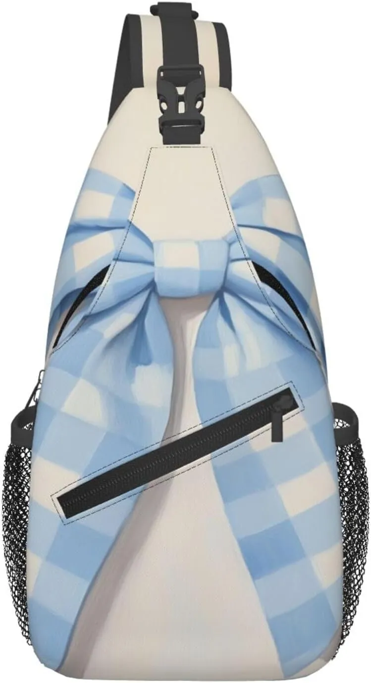 Blue And White Gingham Check Pattern Bow Backpack Travel Hiking Daypack Chest Bags Crossbody Shoulder Bag