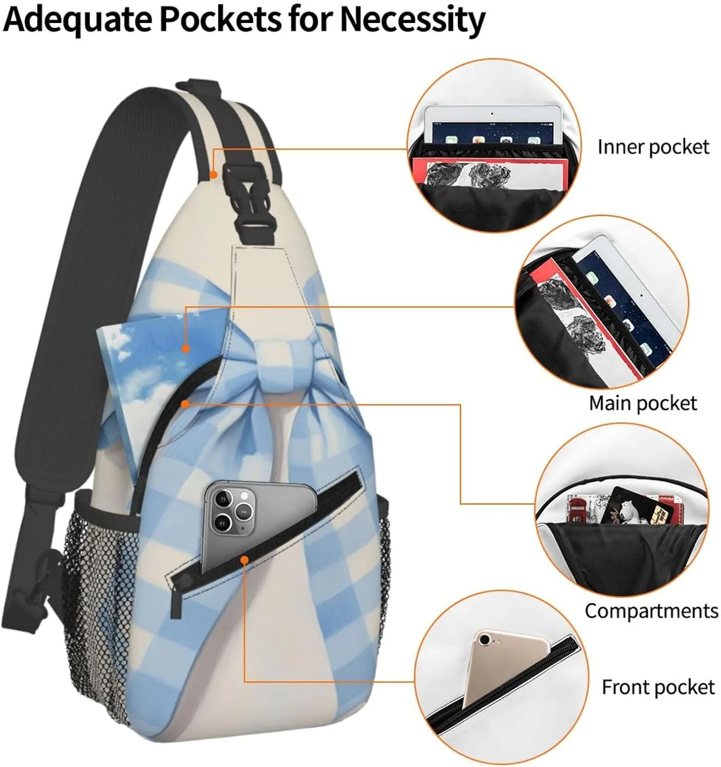 Blue And White Gingham Check Pattern Bow Backpack Travel Hiking Daypack Chest Bags Crossbody Shoulder Bag
