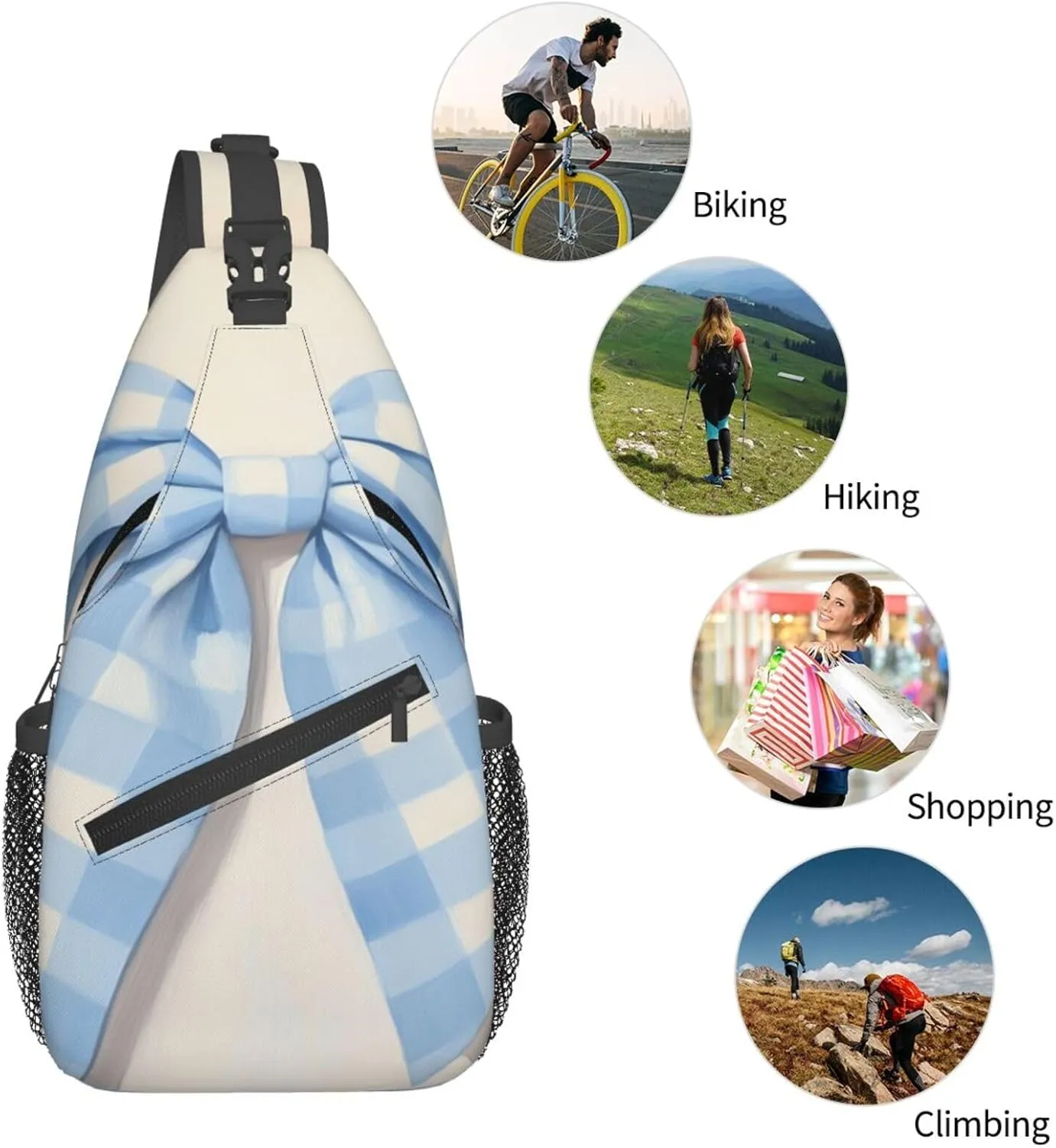 Blue And White Gingham Check Pattern Bow Backpack Travel Hiking Daypack Chest Bags Crossbody Shoulder Bag