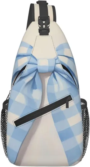 Blue And White Gingham Check Pattern Bow Backpack Travel Hiking Daypack Chest Bags Crossbody Shoulder Bag