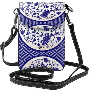 Blue And White Porcelain Pattern Print Small Crossbody Bags for Women Leather Cell Phone Purses Mini Leather Shoulder Handbag Adjustable Strap