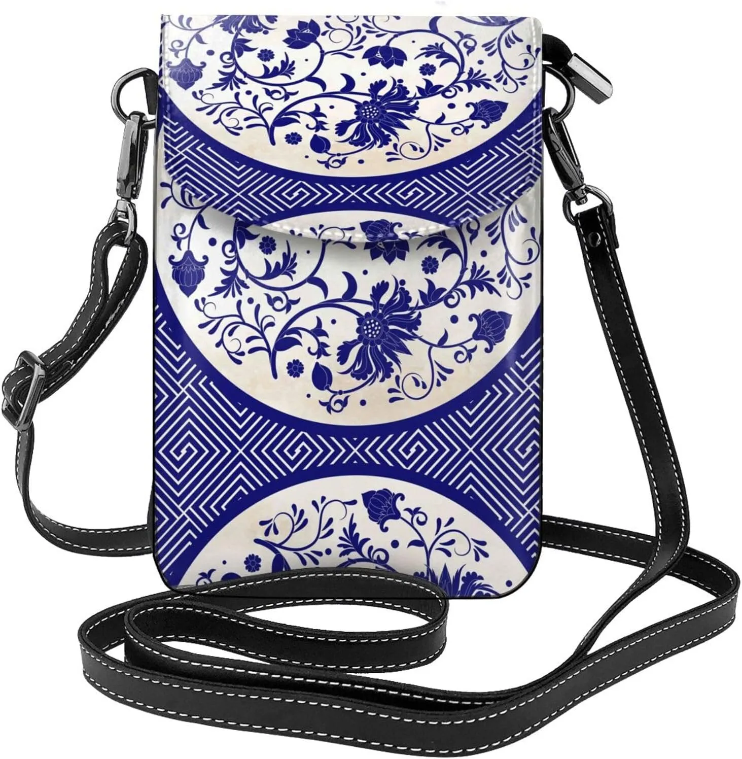 Blue And White Porcelain Pattern Print Small Crossbody Bags for Women Leather Cell Phone Purses Mini Leather Shoulder Handbag Adjustable Strap
