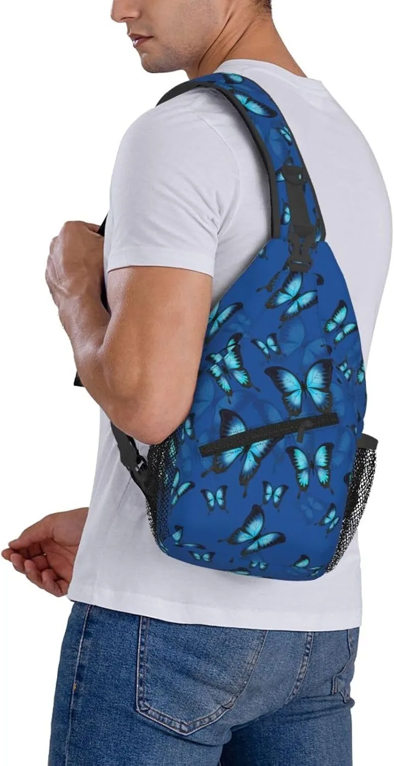 Blue Butterflies Chest Sling Bag Crossbody Shoulder Backpack Bag Gym Cycling Daypack Travel Hiking Cross Bag