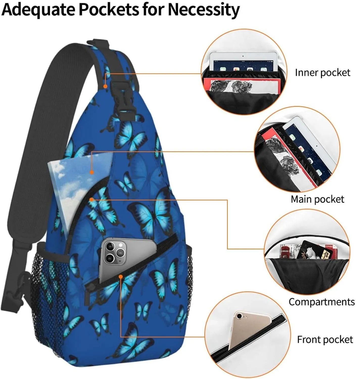 Blue Butterflies Chest Sling Bag Crossbody Shoulder Backpack Bag Gym Cycling Daypack Travel Hiking Cross Bag