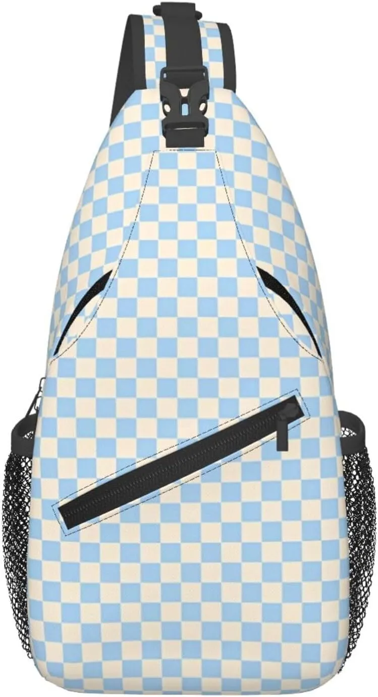 Blue Check Chest Sling Bag Crossbody Shoulder Backpack Bag Gym Cycling Travel Hiking Daypack Cross Bag