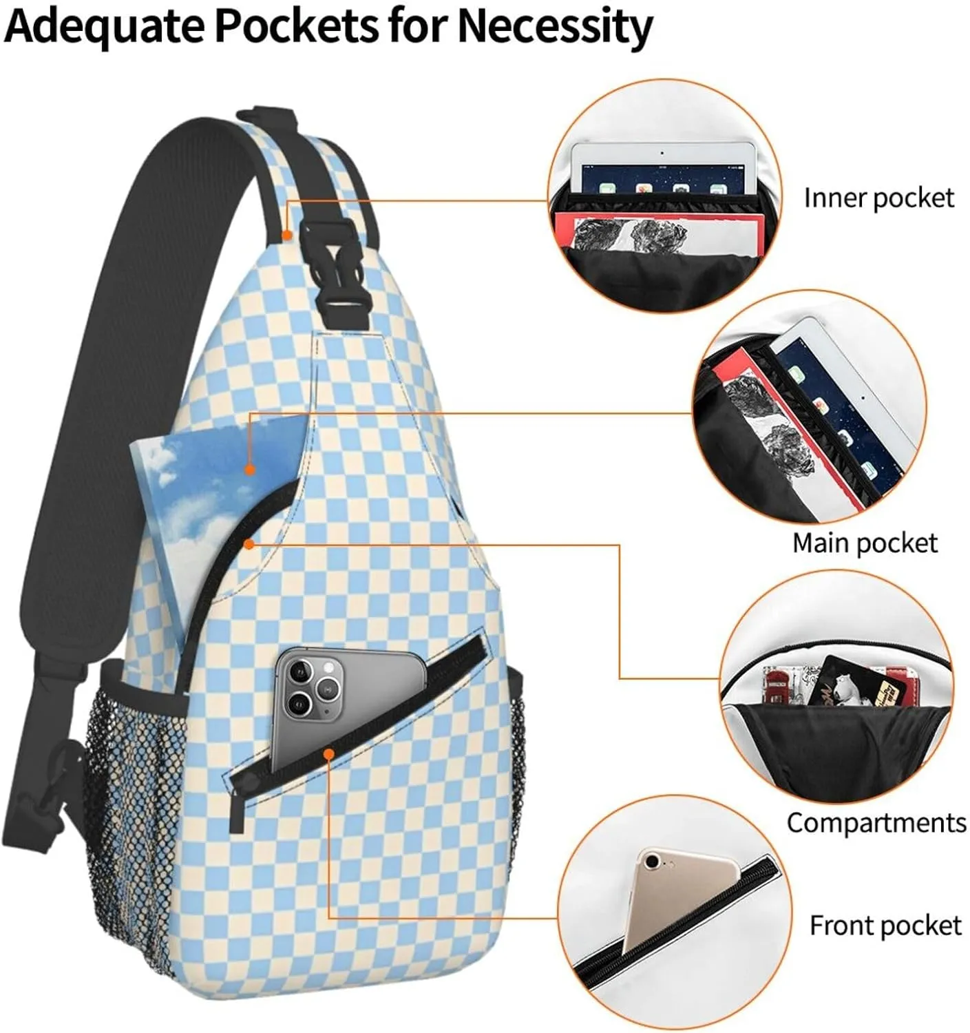 Blue Check Chest Sling Bag Crossbody Shoulder Backpack Bag Gym Cycling Travel Hiking Daypack Cross Bag